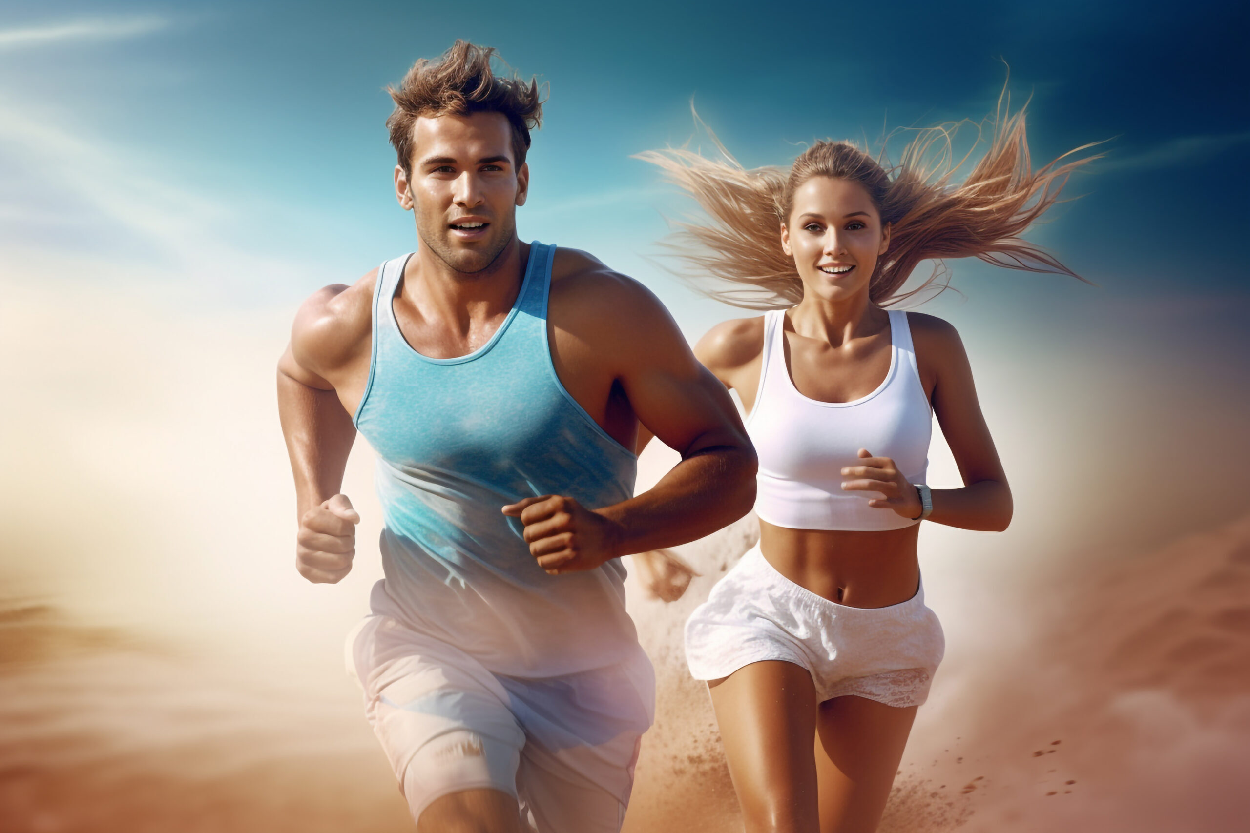 Sport, lifestyle and leisure concept. Happy young couple jogging in beach during sunny summer day