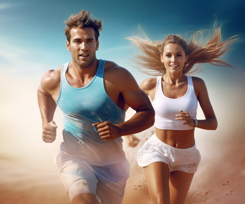 Sport, lifestyle and leisure concept. Happy young couple jogging in beach during sunny summer day