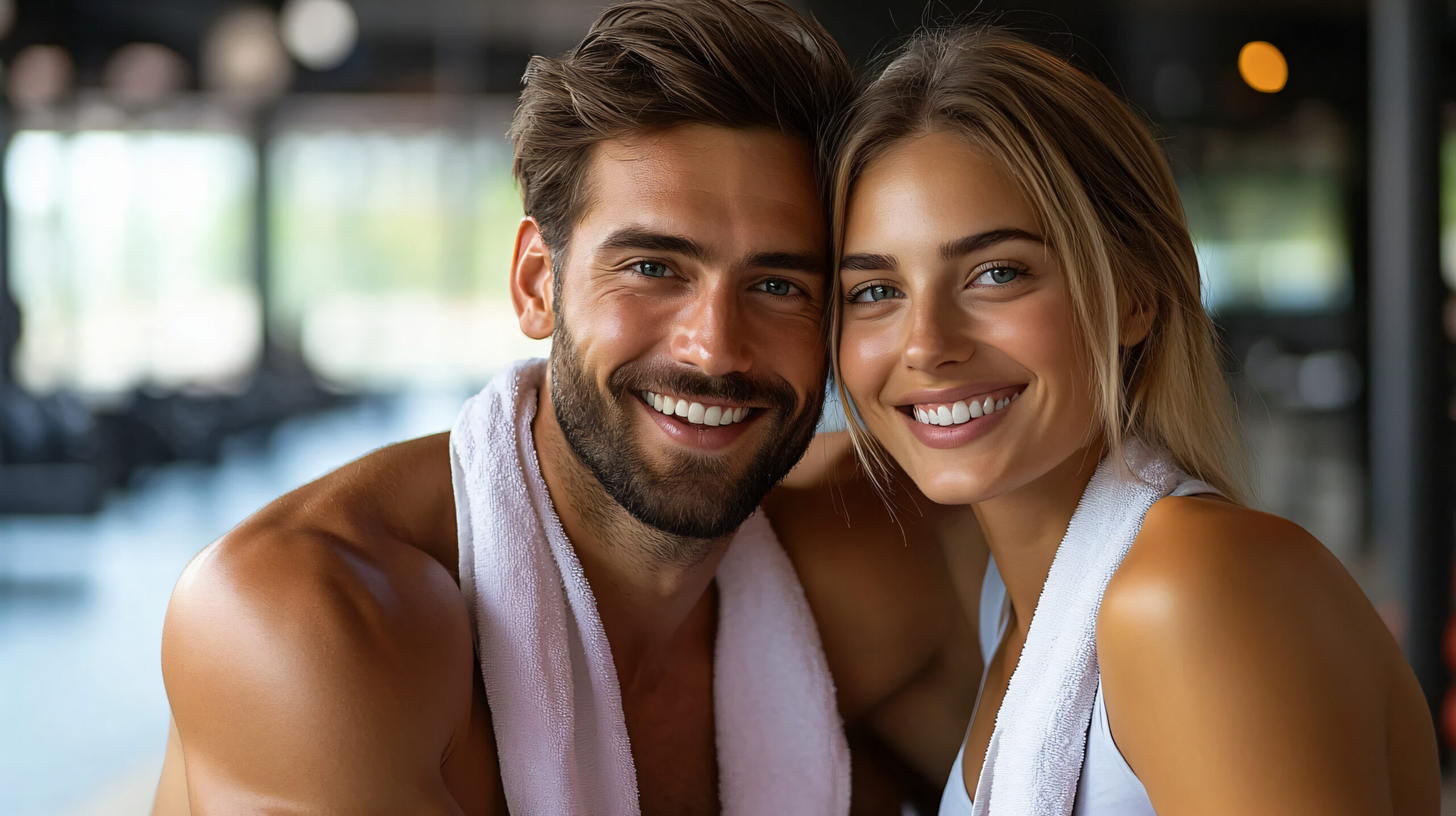 Happy couple in sportswear smiles at the gym after working out together, showing motivation and togetherness in their healthy lifestyle