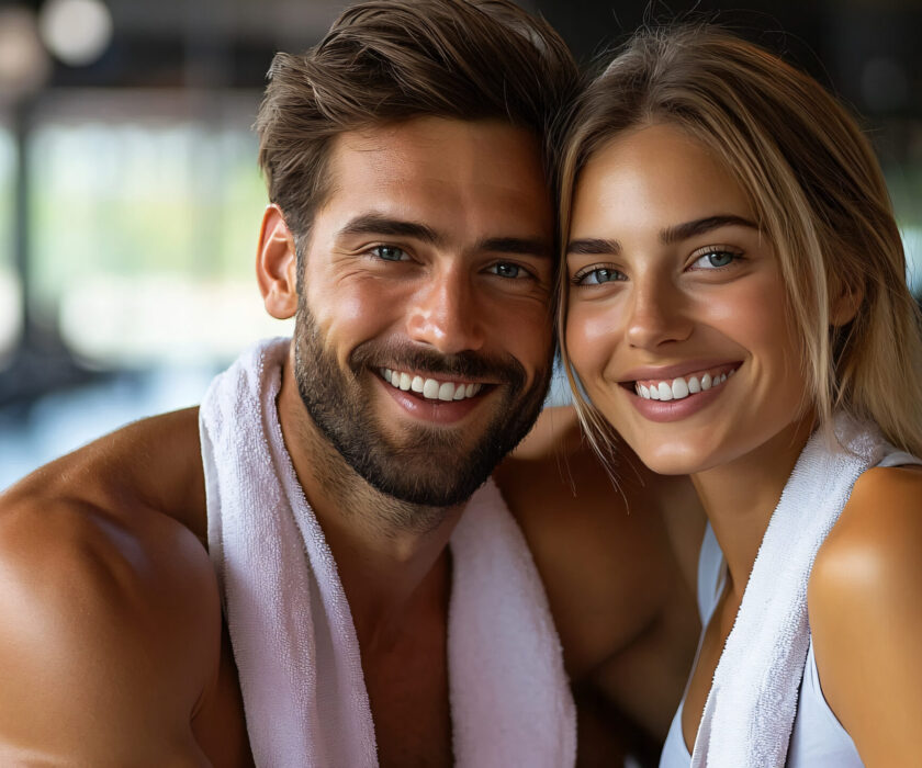 Happy couple in sportswear smiles at the gym after working out together, showing motivation and togetherness in their healthy lifestyle