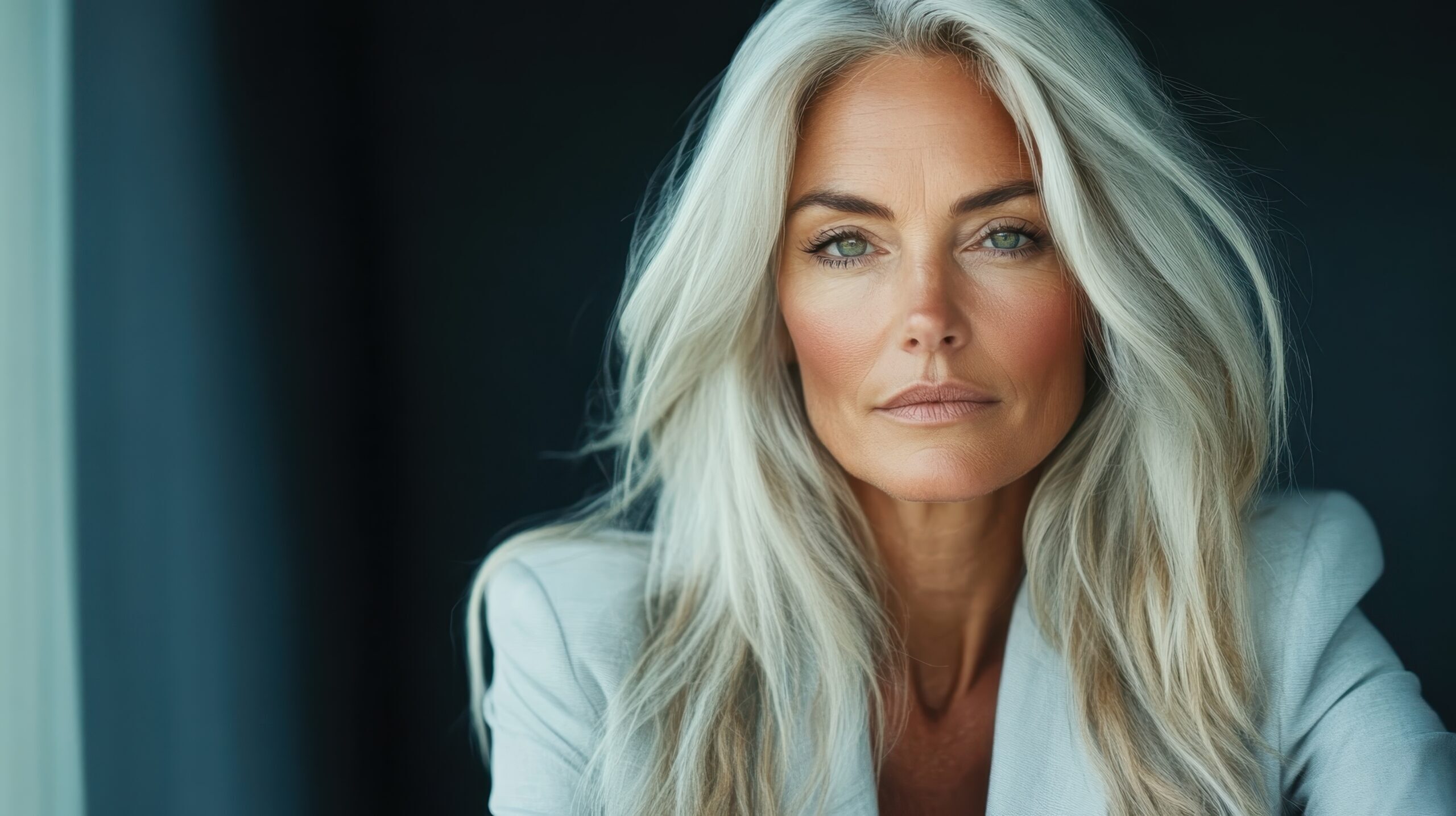 A poised middle-aged woman with striking silver hair gazes intently, embodying timeless grace and wisdom against a subdued indoor background, in thoughtful reflection.